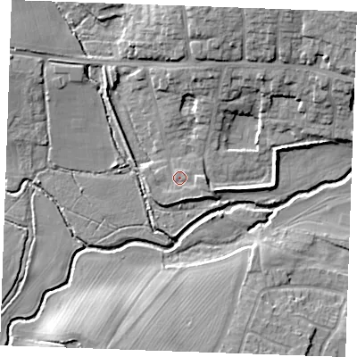 Shaded relief map of the ground around CM12NX, computed from Environment Agency LiDAR. The ground here sits at about 27 m above sea level and falls 14 m across the surrounding 800 m. Surface water reaching this point runs off ground lying to the south-south-east, 1.5 m higher.