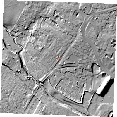 Shaded relief map of the ground around CM12QR, computed from Environment Agency LiDAR. The ground here sits at about 30 m above sea level and falls 16 m across the surrounding 800 m. Surface water reaching this point runs off ground lying to the north-north-east, 10.2 m higher.