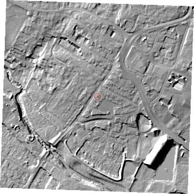 Shaded relief map of the ground around CM12QS, computed from Environment Agency LiDAR. The ground here sits at about 31 m above sea level and falls 16 m across the surrounding 800 m. Surface water reaching this point runs off ground lying to the north-north-east, 8.1 m higher.
