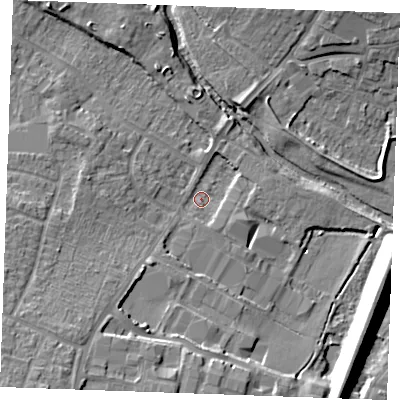 Shaded relief map of the ground around CM12QT, computed from Environment Agency LiDAR. The ground here sits at about 26 m above sea level and falls 16 m across the surrounding 800 m. Surface water reaching this point runs off ground lying to the south-west, 14.4 m higher.