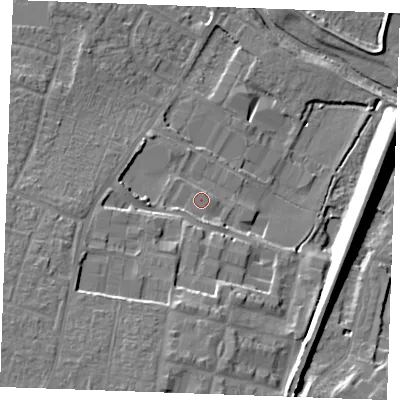 Shaded relief map of the ground around CM12QX, computed from Environment Agency LiDAR. The ground here sits at about 30 m above sea level and falls 18 m across the surrounding 800 m. The ground contributing surface water to this point lies to the north-east.
