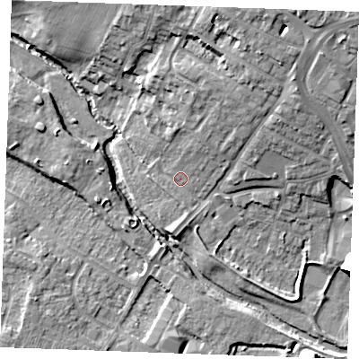 Shaded relief map of the ground around CM12QY, computed from Environment Agency LiDAR. The ground here sits at about 26 m above sea level and falls 16 m across the surrounding 800 m. Surface water reaching this point runs off ground lying to the north-north-east, 7.1 m higher.
