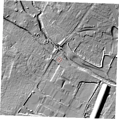 Shaded relief map of the ground around CM12RL, computed from Environment Agency LiDAR. The ground here sits at about 26 m above sea level and falls 14 m across the surrounding 800 m. Surface water reaching this point runs off ground lying to the south-west, 11.5 m higher.