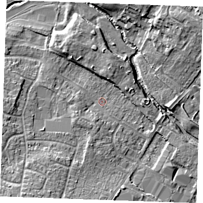 Shaded relief map of the ground around CM12RS, computed from Environment Agency LiDAR. The ground here sits at about 26 m above sea level and falls 13 m across the surrounding 800 m. Surface water reaching this point runs off ground lying to the south-south-west, 9.2 m higher.