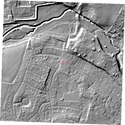Shaded relief map of the ground around CM12RX, computed from Environment Agency LiDAR. The ground here sits at about 28 m above sea level and falls 15 m across the surrounding 800 m. Surface water reaching this point runs off ground lying to the south-west, 10.6 m higher.