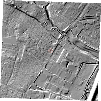 Shaded relief map of the ground around CM12RY, computed from Environment Agency LiDAR. The ground here sits at about 26 m above sea level and falls 15 m across the surrounding 800 m. Surface water reaching this point runs off ground lying to the south-west, 13.8 m higher.