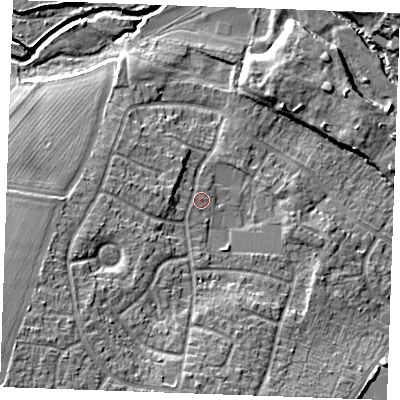 Shaded relief map of the ground around CM12SJ, computed from Environment Agency LiDAR. The ground here sits at about 29 m above sea level and falls 16 m across the surrounding 800 m. Surface water reaching this point runs off ground lying to the south-west, 9.7 m higher.