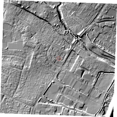 Shaded relief map of the ground around CM12UD, computed from Environment Agency LiDAR. The ground here sits at about 27 m above sea level and falls 16 m across the surrounding 800 m. Surface water reaching this point runs off ground lying to the west, 2.0 m higher.