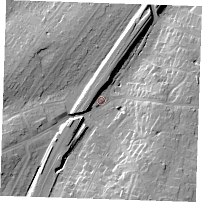 Shaded relief map of the ground around CM131AE, computed from Environment Agency LiDAR. The ground here sits at about 69 m above sea level and falls 21 m across the surrounding 800 m. Surface water reaching this point runs off ground lying to the south-south-east, 16.8 m higher.