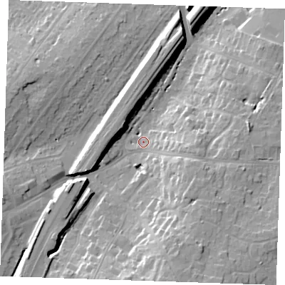Shaded relief map of the ground around CM131AF, computed from Environment Agency LiDAR. The ground here sits at about 68 m above sea level and falls 21 m across the surrounding 800 m. Surface water reaching this point runs off ground lying to the east-south-east, 8.0 m higher.