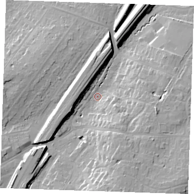Shaded relief map of the ground around CM131AG, computed from Environment Agency LiDAR. The ground here sits at about 67 m above sea level and falls 20 m across the surrounding 800 m. Surface water reaching this point runs off ground lying to the south, 16.0 m higher.