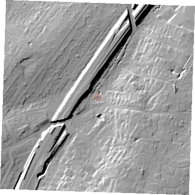 Shaded relief map of the ground around CM131AY, computed from Environment Agency LiDAR. The ground here sits at about 68 m above sea level and falls 21 m across the surrounding 800 m. Surface water reaching this point runs off ground lying to the south, 17.5 m higher.