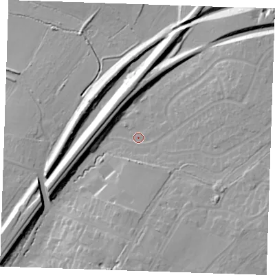 Shaded relief map of the ground around CM131DZ, computed from Environment Agency LiDAR. The ground here sits at about 62 m above sea level and falls 18 m across the surrounding 800 m. Surface water reaching this point runs off ground lying to the south-west, 14.0 m higher.