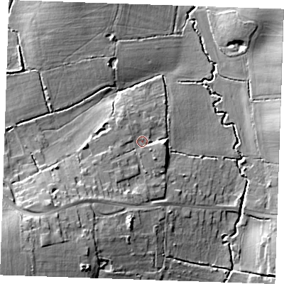 Shaded relief map of the ground around CM131SH, computed from Environment Agency LiDAR. The ground here sits at about 54 m above sea level and falls 24 m across the surrounding 800 m. Surface water reaching this point runs off ground lying to the south-west, 7.4 m higher.