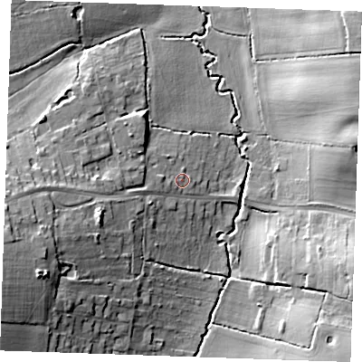 Shaded relief map of the ground around CM131SJ, computed from Environment Agency LiDAR. The ground here sits at about 52 m above sea level and falls 19 m across the surrounding 800 m. Surface water reaching this point runs off ground lying to the west, 2.6 m higher.