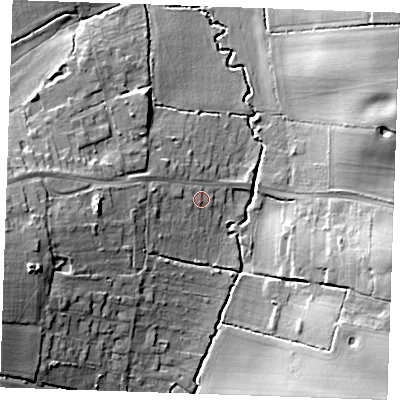 Shaded relief map of the ground around CM131SL, computed from Environment Agency LiDAR. The ground here sits at about 51 m above sea level and falls 18 m across the surrounding 800 m. Surface water reaching this point runs off ground lying to the west, 2.6 m higher.