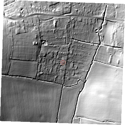 Shaded relief map of the ground around CM131SN, computed from Environment Agency LiDAR. The ground here sits at about 54 m above sea level and falls 22 m across the surrounding 800 m. Surface water reaching this point runs off ground lying to the west-north-west, 15.7 m higher.