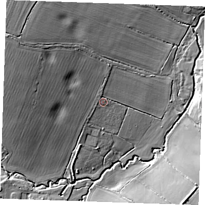 Shaded relief map of the ground around CM131UP, computed from Environment Agency LiDAR. The ground here sits at about 49 m above sea level and falls 20 m across the surrounding 800 m. Surface water reaching this point runs off ground lying to the north-north-west, 1.8 m higher.