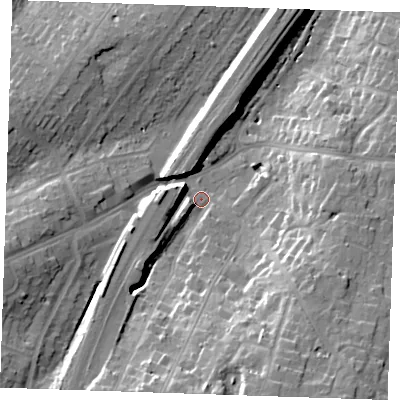 Shaded relief map of the ground around CM132NL, computed from Environment Agency LiDAR. The ground here sits at about 70 m above sea level and falls 23 m across the surrounding 800 m. Surface water reaching this point runs off ground lying to the south-south-east, 17.7 m higher.