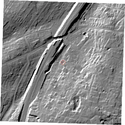 Shaded relief map of the ground around CM132NN, computed from Environment Agency LiDAR. The ground here sits at about 72 m above sea level and falls 24 m across the surrounding 800 m. Surface water reaching this point runs off ground lying to the south, 6.8 m higher.