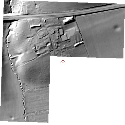 Shaded relief map of the ground around CM133EN, computed from Environment Agency LiDAR. and falls 21 m across the surrounding 800 m. Surface water reaching this point runs off ground lying to the west-north-west, 2.9 m higher.
