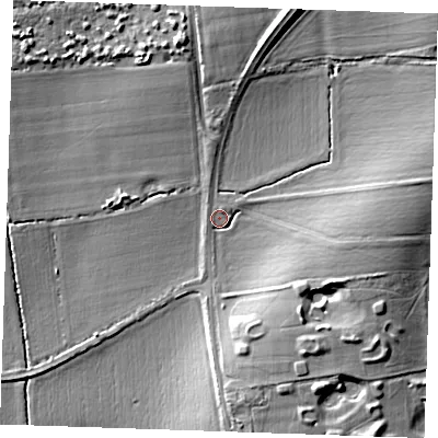 Shaded relief map of the ground around CM133LT, computed from Environment Agency LiDAR. The ground here sits at about 13 m above sea level and falls 13 m across the surrounding 800 m. Surface water reaching this point runs off ground lying to the north-north-east, 9.9 m higher.