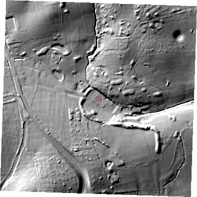 Shaded relief map of the ground around CM133LW, computed from Environment Agency LiDAR. The ground here sits at about 43 m above sea level and falls 34 m across the surrounding 800 m. Surface water reaching this point runs off ground lying to the north-north-west, 21.8 m higher.
