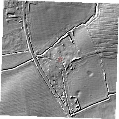 Shaded relief map of the ground around CM133LX, computed from Environment Agency LiDAR. The ground here sits at about 9 m above sea level and falls 9 m across the surrounding 800 m. The ground contributing surface water to this point lies to the east-north-east.