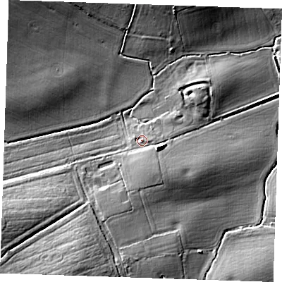 Shaded relief map of the ground around CM133QW, computed from Environment Agency LiDAR. The ground here sits at about 68 m above sea level and falls 18 m across the surrounding 800 m. Surface water reaching this point runs off ground lying to the south-south-east, 4.6 m higher.