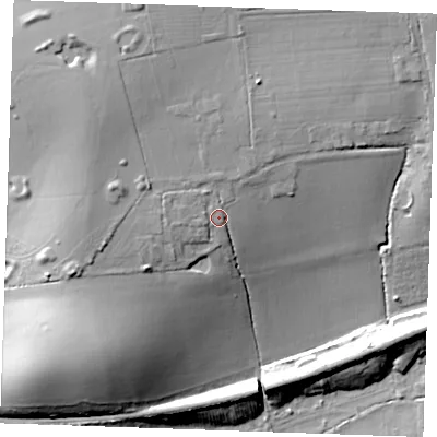 Shaded relief map of the ground around CM133SS, computed from Environment Agency LiDAR. The ground here sits at about 34 m above sea level and falls 24 m across the surrounding 800 m. Surface water reaching this point runs off ground lying to the west, 3.0 m higher.