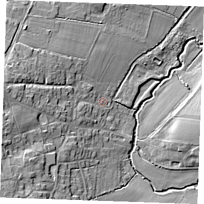 Shaded relief map of the ground around CM13EA, computed from Environment Agency LiDAR. The ground here sits at about 29 m above sea level and falls 19 m across the surrounding 800 m. Surface water reaching this point runs off ground lying to the west, 8.8 m higher.