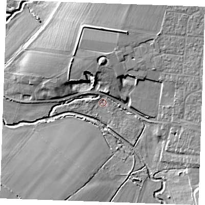 Shaded relief map of the ground around CM13ET, computed from Environment Agency LiDAR. The ground here sits at about 28 m above sea level and falls 15 m across the surrounding 800 m. Surface water reaching this point runs off ground lying to the east-north-east, 1.5 m higher.