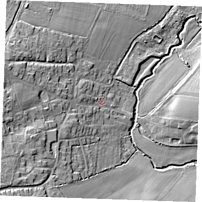 Shaded relief map of the ground around CM13EX, computed from Environment Agency LiDAR. The ground here sits at about 29 m above sea level and falls 21 m across the surrounding 800 m. Surface water reaching this point runs off ground lying to the south-west, 16.1 m higher.