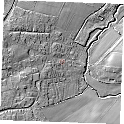 Shaded relief map of the ground around CM13EY, computed from Environment Agency LiDAR. The ground here sits at about 30 m above sea level and falls 22 m across the surrounding 800 m. Surface water reaching this point runs off ground lying to the south-west, 17.2 m higher.