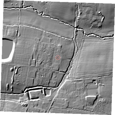 Shaded relief map of the ground around CM13RR, computed from Environment Agency LiDAR. The ground here sits at about 31 m above sea level and falls 14 m across the surrounding 800 m. Surface water reaching this point runs off ground lying to the west-south-west, 3.4 m higher.