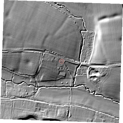Shaded relief map of the ground around CM13RZ, computed from Environment Agency LiDAR. The ground here sits at about 31 m above sea level and falls 11 m across the surrounding 800 m. Surface water reaching this point runs off ground lying to the west-north-west, 4.8 m higher.