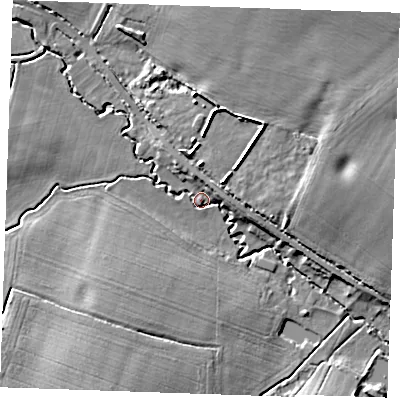 Shaded relief map of the ground around CM13SA, computed from Environment Agency LiDAR. The ground here sits at about 32 m above sea level and falls 12 m across the surrounding 800 m. Surface water reaching this point runs off ground lying to the south-west, 9.8 m higher.