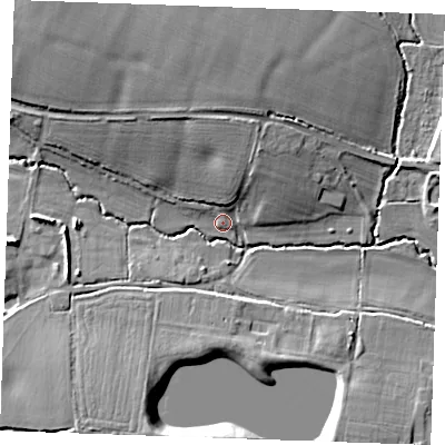 Shaded relief map of the ground around CM13SU, computed from Environment Agency LiDAR. The ground here sits at about 29 m above sea level and falls 14 m across the surrounding 800 m. Surface water reaching this point runs off ground lying to the north-north-west, 6.6 m higher.