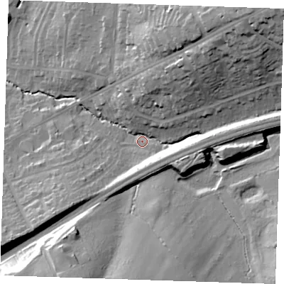 Shaded relief map of the ground around CM144PN, computed from Environment Agency LiDAR. The ground here sits at about 52 m above sea level and falls 38 m across the surrounding 800 m. Surface water reaching this point runs off ground lying to the north-east, 31.4 m higher.