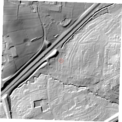 Shaded relief map of the ground around CM144PY, computed from Environment Agency LiDAR. The ground here sits at about 46 m above sea level and falls 40 m across the surrounding 800 m. Surface water reaching this point runs off ground lying to the east-north-east, 22.3 m higher.
