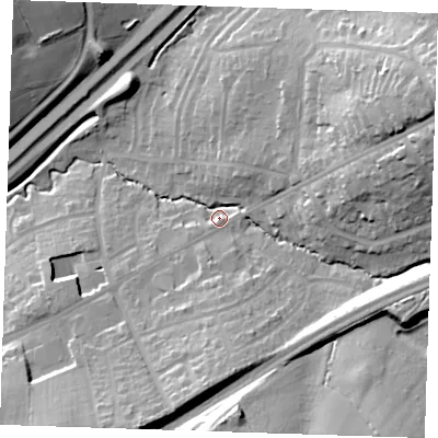 Shaded relief map of the ground around CM144QS, computed from Environment Agency LiDAR. The ground here sits at about 49 m above sea level and falls 35 m across the surrounding 800 m. Surface water reaching this point runs off ground lying to the east-north-east, 27.6 m higher.