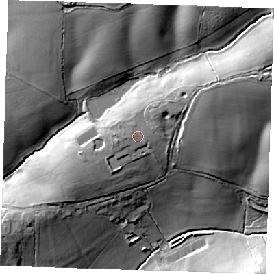 Shaded relief map of the ground around CM145QU, computed from Environment Agency LiDAR. The ground here sits at about 66 m above sea level and falls 31 m across the surrounding 800 m. Surface water reaching this point runs off ground lying to the north-east, 2.7 m higher.