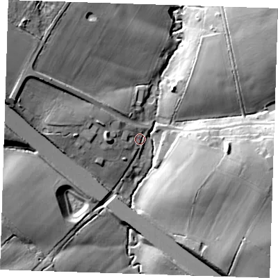 Shaded relief map of the ground around CM145RD, computed from Environment Agency LiDAR. The ground here sits at about 48 m above sea level and falls 28 m across the surrounding 800 m. Surface water reaching this point runs off ground lying to the north-west, 26.0 m higher.