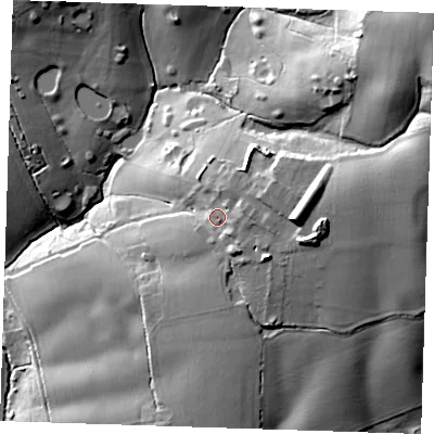 Shaded relief map of the ground around CM145RE, computed from Environment Agency LiDAR. The ground here sits at about 74 m above sea level and falls 45 m across the surrounding 800 m. Surface water reaching this point runs off ground lying to the east-north-east, 5.3 m higher.