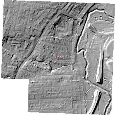 Shaded relief map of the ground around CM14ED, computed from Environment Agency LiDAR. The ground here sits at about 30 m above sea level and falls 17 m across the surrounding 800 m. Surface water reaching this point runs off ground lying to the north-west, 4.9 m higher.