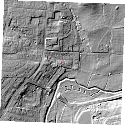 Shaded relief map of the ground around CM14EJ, computed from Environment Agency LiDAR. The ground here sits at about 29 m above sea level and falls 16 m across the surrounding 800 m. Surface water reaching this point runs off ground lying to the west, 4.7 m higher.