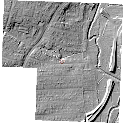 Shaded relief map of the ground around CM14HB, computed from Environment Agency LiDAR. The ground here sits at about 29 m above sea level and falls 18 m across the surrounding 800 m. Surface water reaching this point runs off ground lying to the north-west, 14.7 m higher.