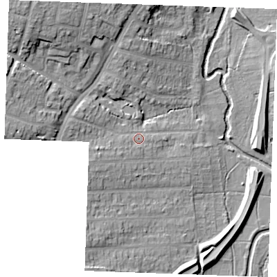 Shaded relief map of the ground around CM14HD, computed from Environment Agency LiDAR. The ground here sits at about 30 m above sea level and falls 18 m across the surrounding 800 m. Surface water reaching this point runs off ground lying to the west-south-west, 4.2 m higher.