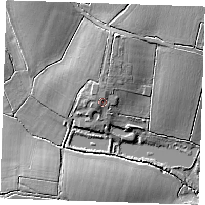 Shaded relief map of the ground around CM14LH, computed from Environment Agency LiDAR. The ground here sits at about 53 m above sea level and falls 18 m across the surrounding 800 m. Surface water reaching this point runs off ground lying to the north-west, 2.5 m higher.