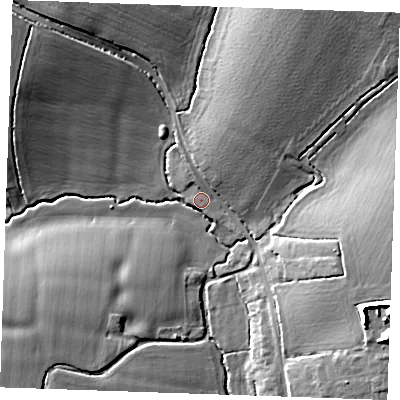 Shaded relief map of the ground around CM14LL, computed from Environment Agency LiDAR. The ground here sits at about 41 m above sea level and falls 19 m across the surrounding 800 m. Surface water reaching this point runs off ground lying to the north-west, 17.0 m higher.